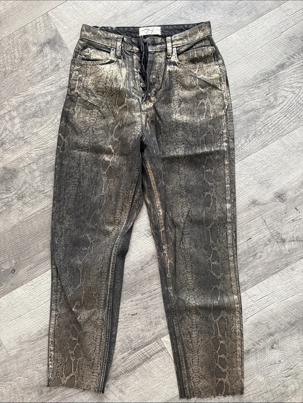 Free people Womens Metallic Snake-Print Jeans - Black/Gold Sz 27